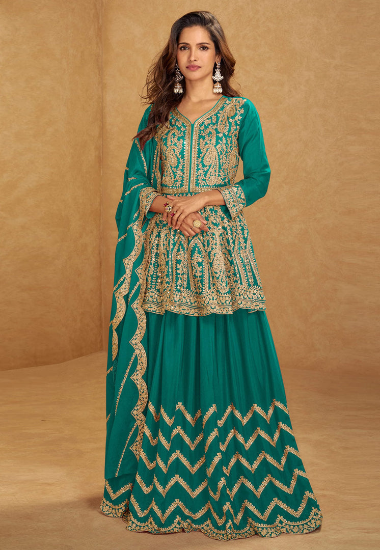 Teal Chinon Silk Indo Western Lehenga Choli