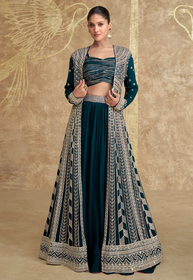 Teal Chinon Silk Indo Western Lehenga Choli