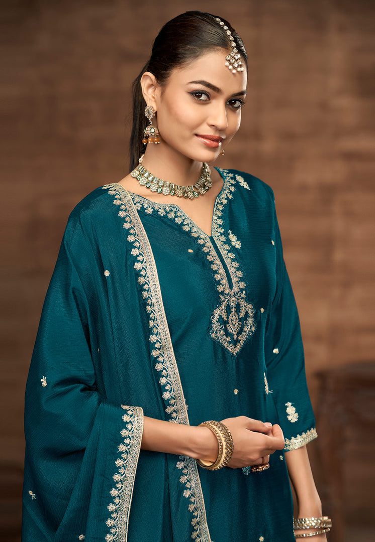 Teal Chinon Silk Palazzo Suit