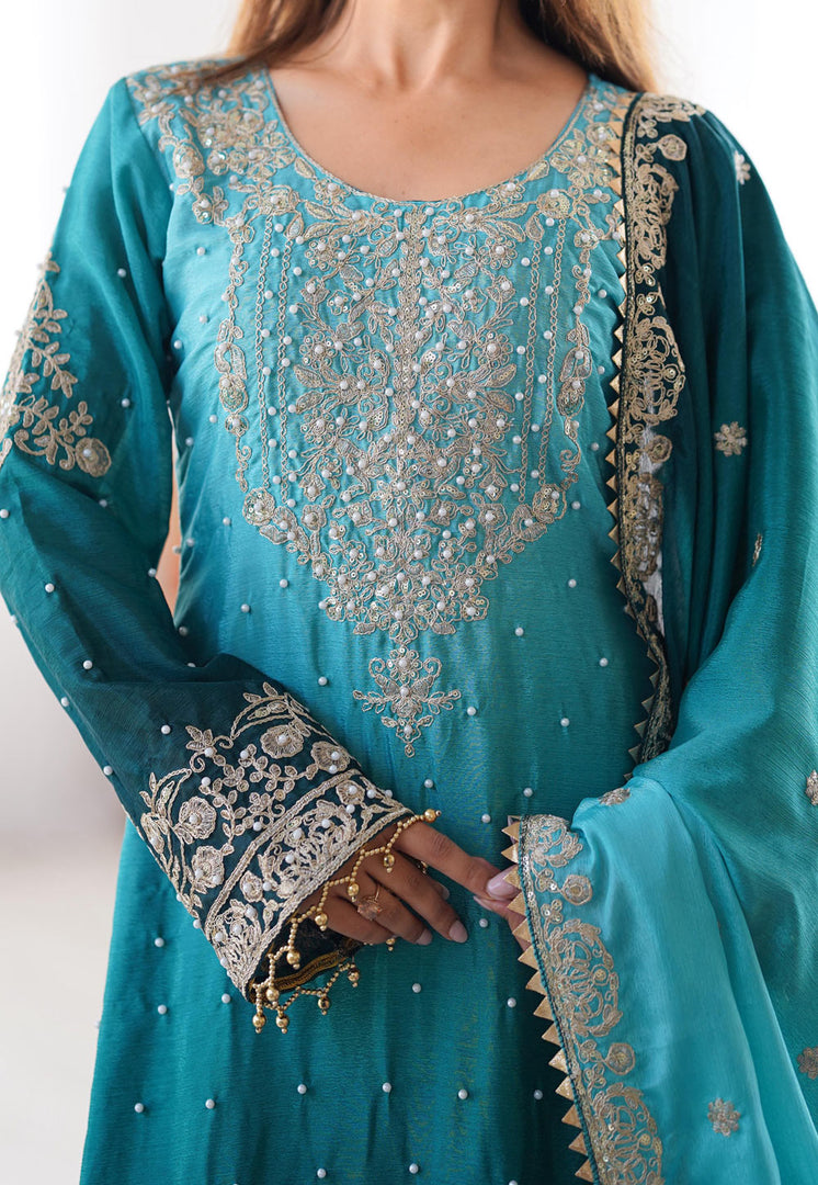 Teal Chinon Silk Readymade Gharara Suit