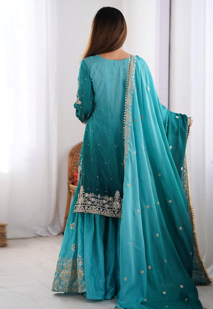Teal Chinon Silk Readymade Gharara Suit