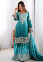 Load image into Gallery viewer, Teal Chinon Silk Readymade Gharara Suit
