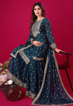 Load image into Gallery viewer, Teal Chinon Silk Readymade Gharara Suit
