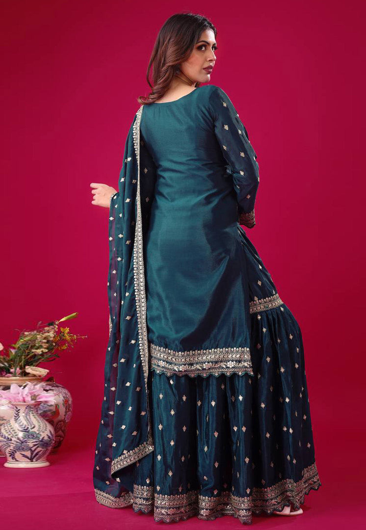 Teal Chinon Silk Readymade Gharara Suit