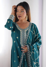 Load image into Gallery viewer, Teal Chinon Silk Readymade Pakistani Suit
