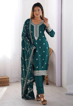 Load image into Gallery viewer, Teal Chinon Silk Readymade Pakistani Suit
