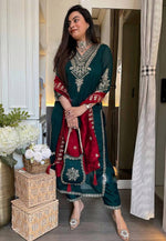 Load image into Gallery viewer, Teal Chinon Silk Readymade Pant Style Suit
