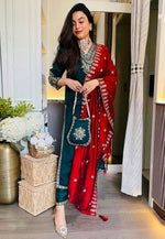 Load image into Gallery viewer, Teal Chinon Silk Readymade Pant Style Suit
