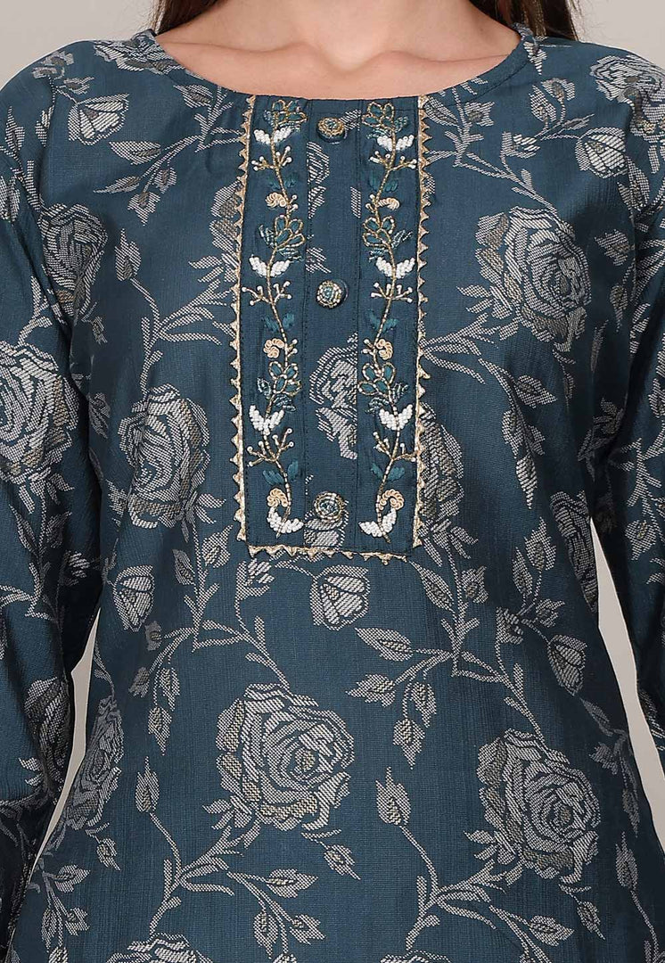 Teal Cotton Kurta Set With Pant