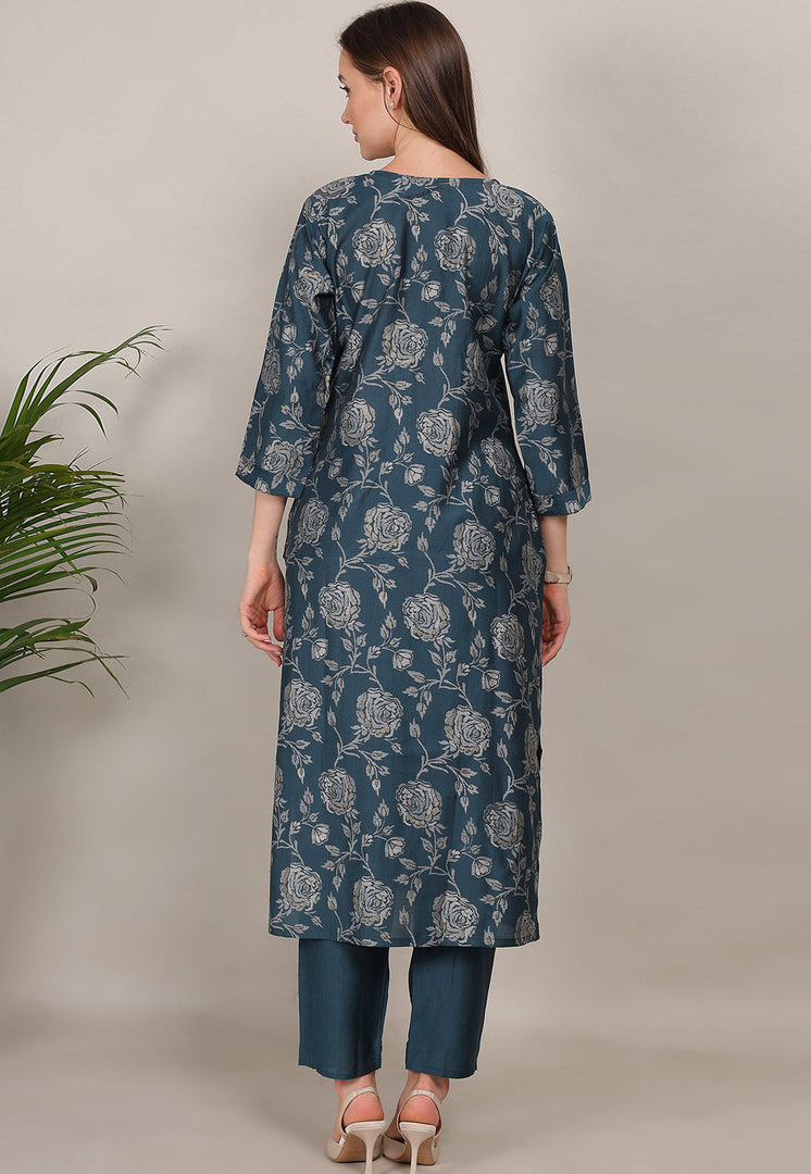 Teal Cotton Kurta Set With Pant
