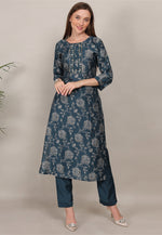 Load image into Gallery viewer, Teal Cotton Kurta Set With Pant
