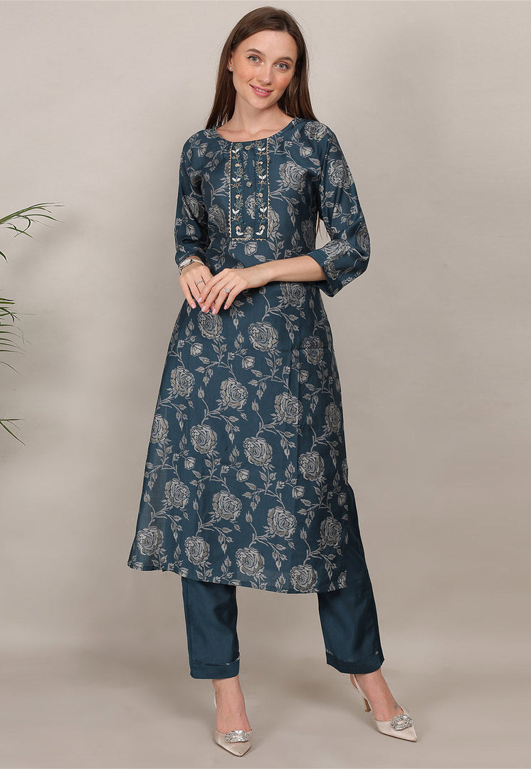Teal Cotton Kurta Set With Pant