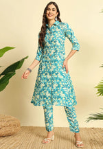 Load image into Gallery viewer, Teal Cotton Kurta Set With Pent
