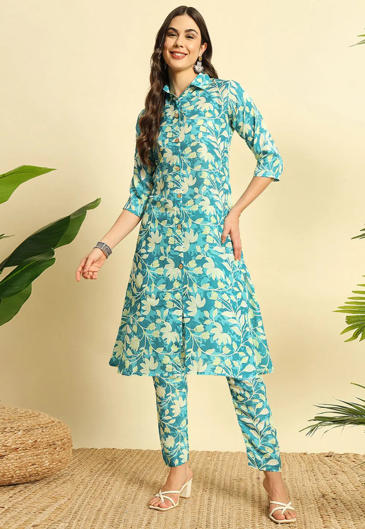 Teal Cotton Kurta Set With Pent