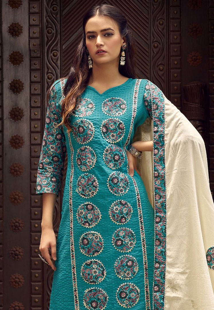 Teal Cotton Pant Style Suit