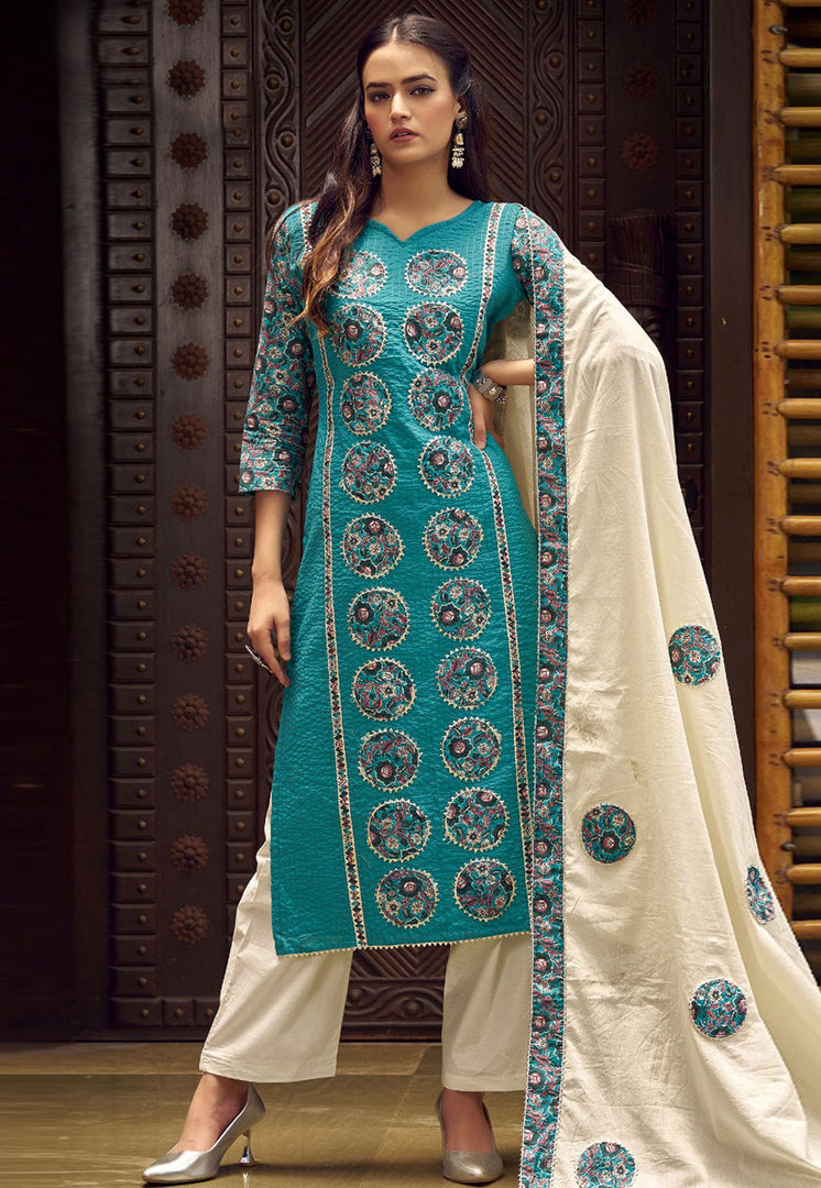 Teal Cotton Pant Style Suit