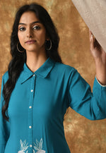 Load image into Gallery viewer, Teal Cotton Rayon Kurta Set With Pent
