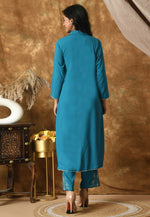 Load image into Gallery viewer, Teal Cotton Rayon Kurta Set With Pent
