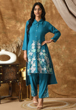 Load image into Gallery viewer, Teal Cotton Rayon Kurta Set With Pent

