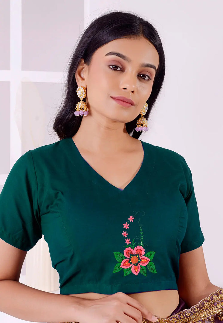 Teal Cotton Readymade Blouse