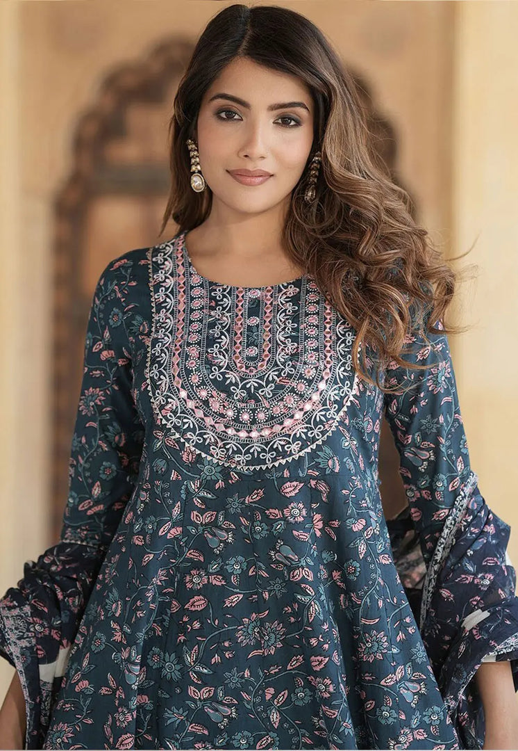 Teal Cotton Readymade Pant Style Suit