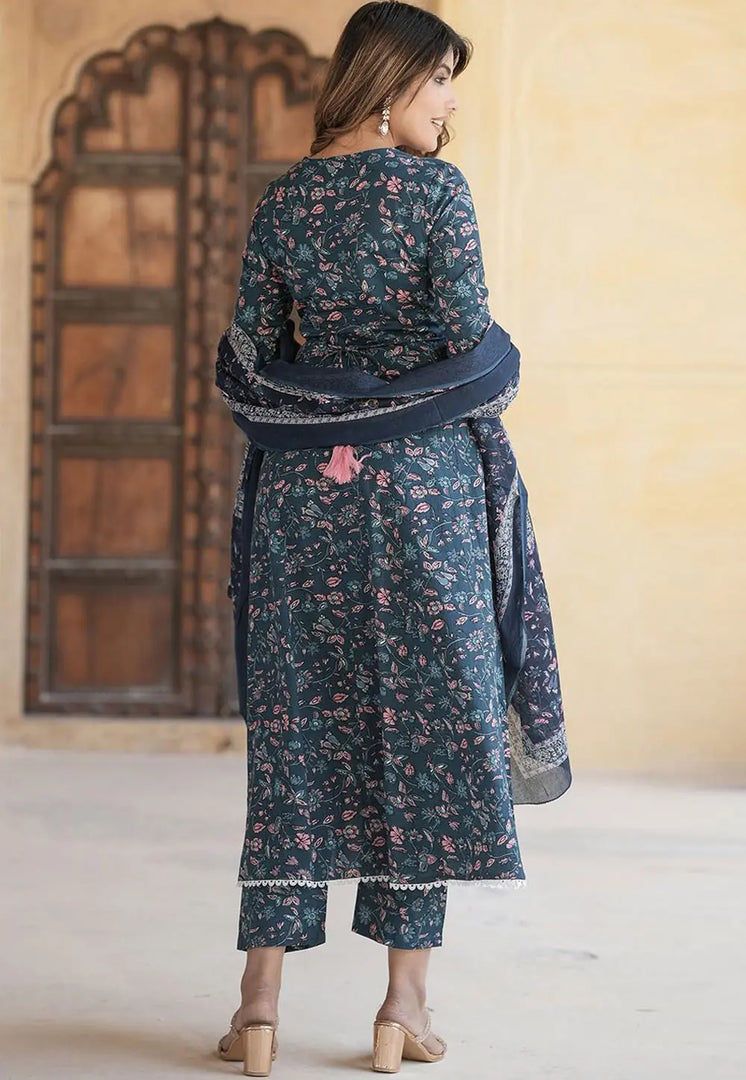 Teal Cotton Readymade Pant Style Suit