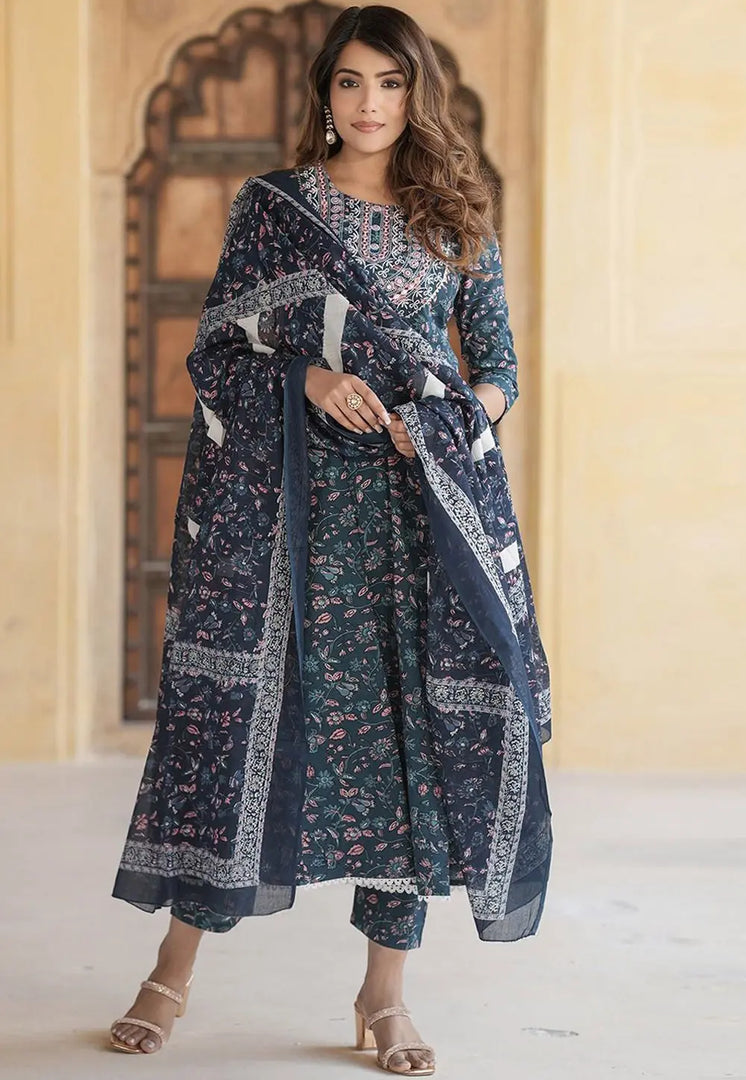 Teal Cotton Readymade Pant Style Suit