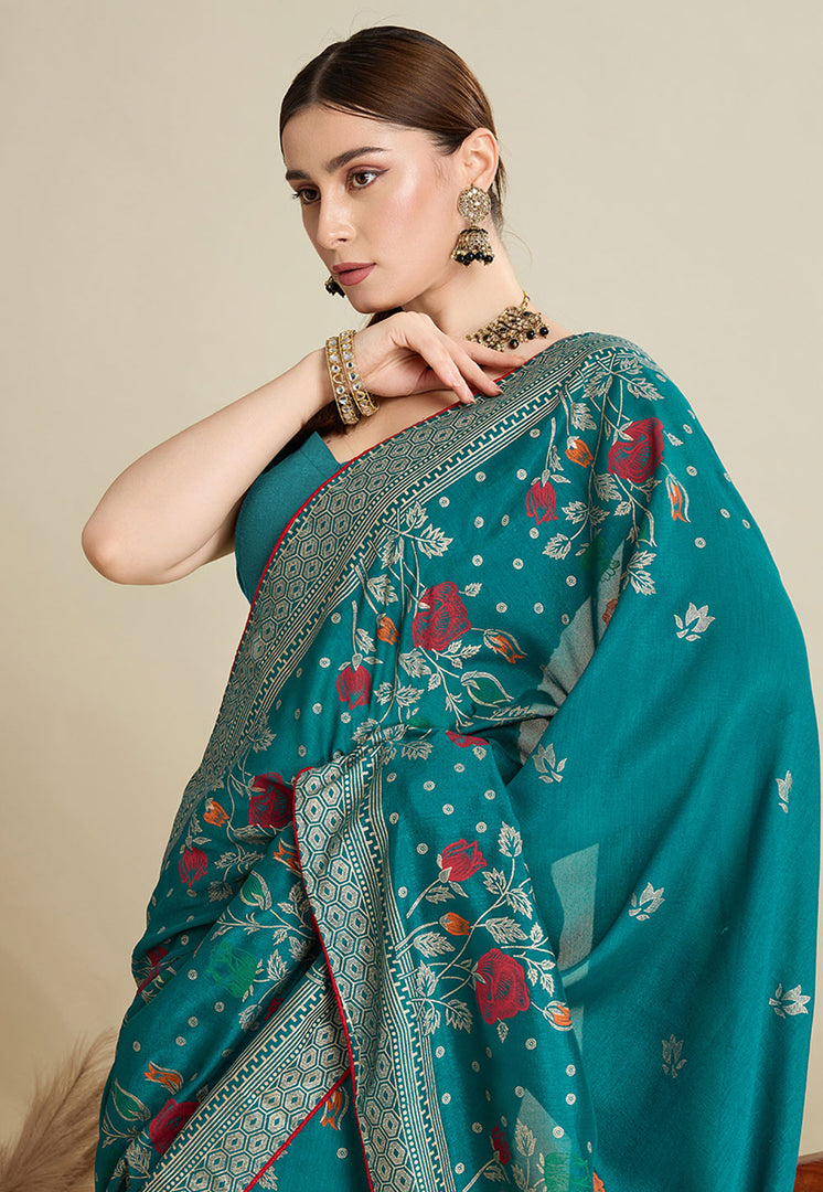 Teal Cotton Saree With Blouse