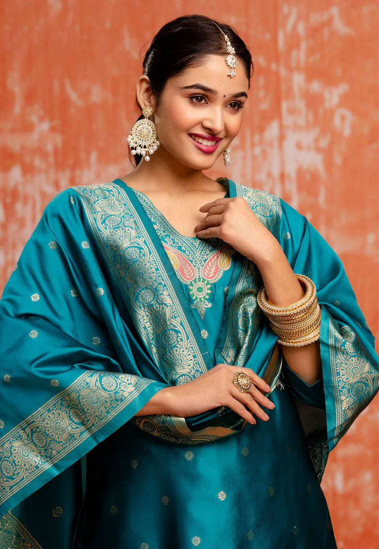 Teal Cotton Silk Readymade Pakistani Suit