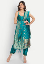 Load image into Gallery viewer, Teal Cotton Silk Readymade Pant Style Suit
