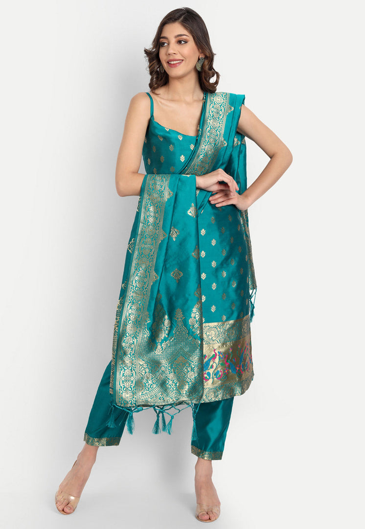 Teal Cotton Silk Readymade Pant Style Suit