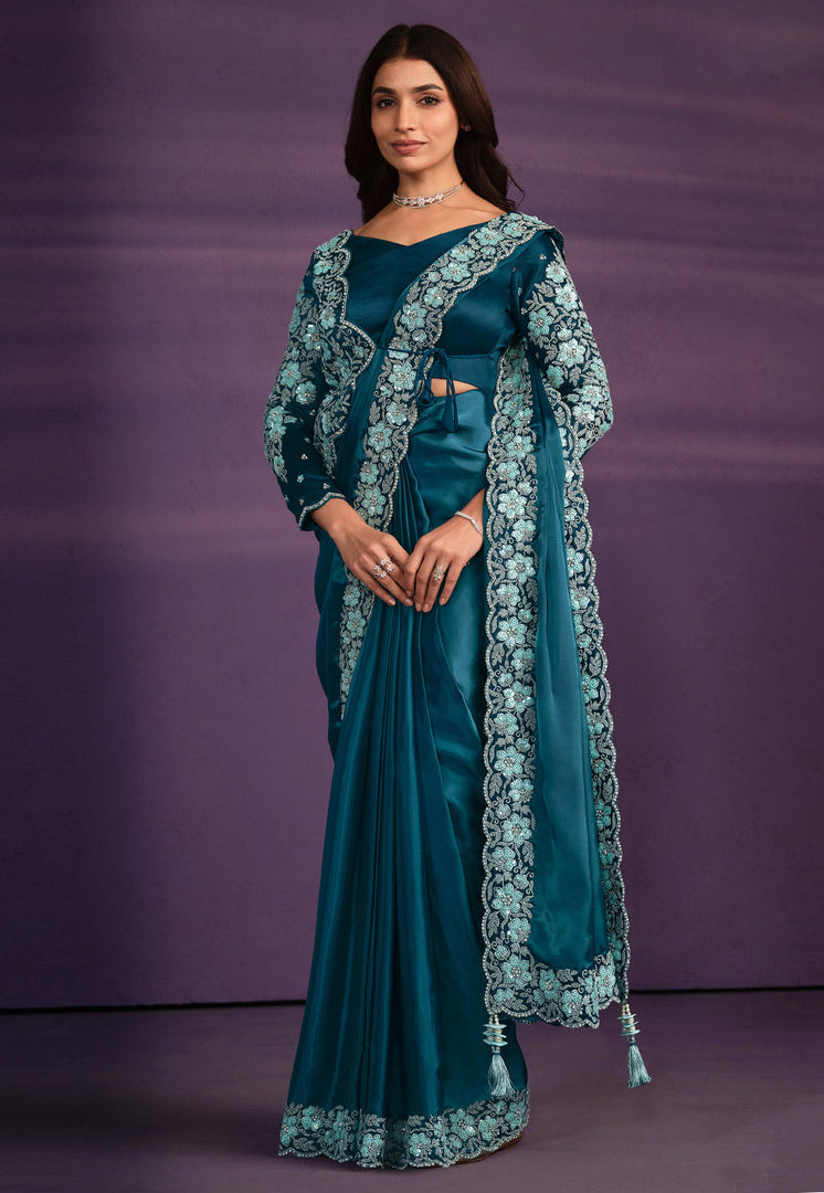 Teal Crepe Lehenga Saree