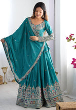 Load image into Gallery viewer, Teal Crepe Silk Navratri Chaniya Choli
