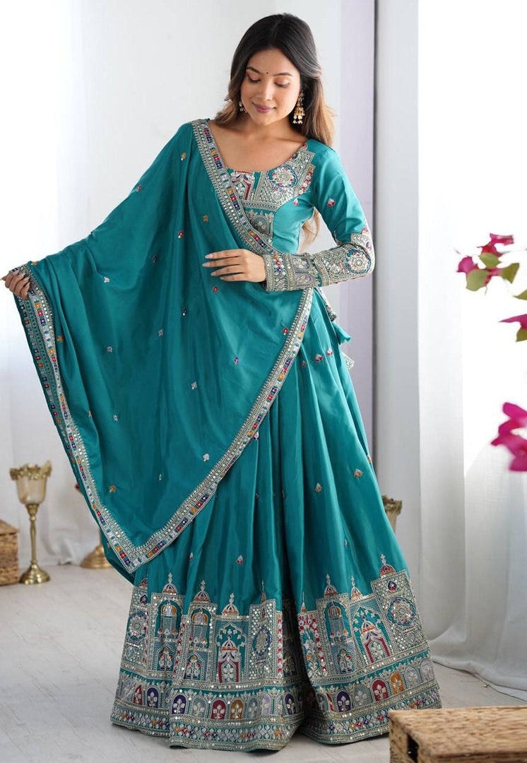 Teal Crepe Silk Navratri Chaniya Choli