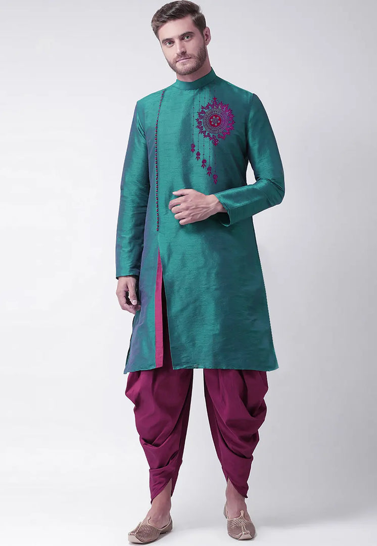Teal Dupion Silk Dhoti Kurta