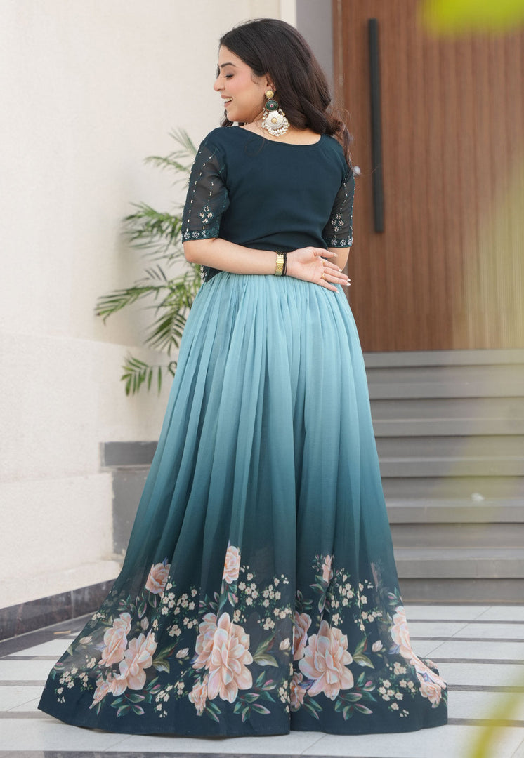 Teal Faux Georgette Gown