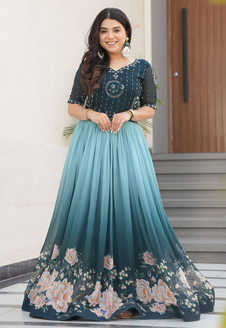 Teal Faux Georgette Gown