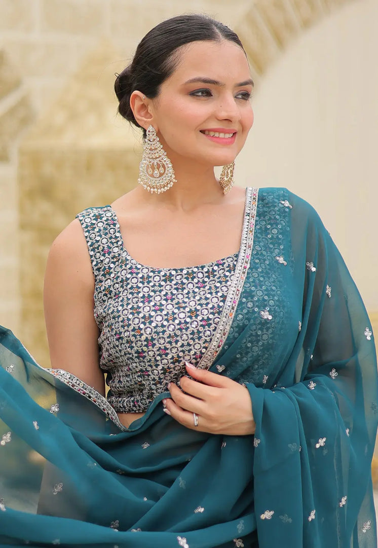 Teal Faux Georgette Lehenga Choli
