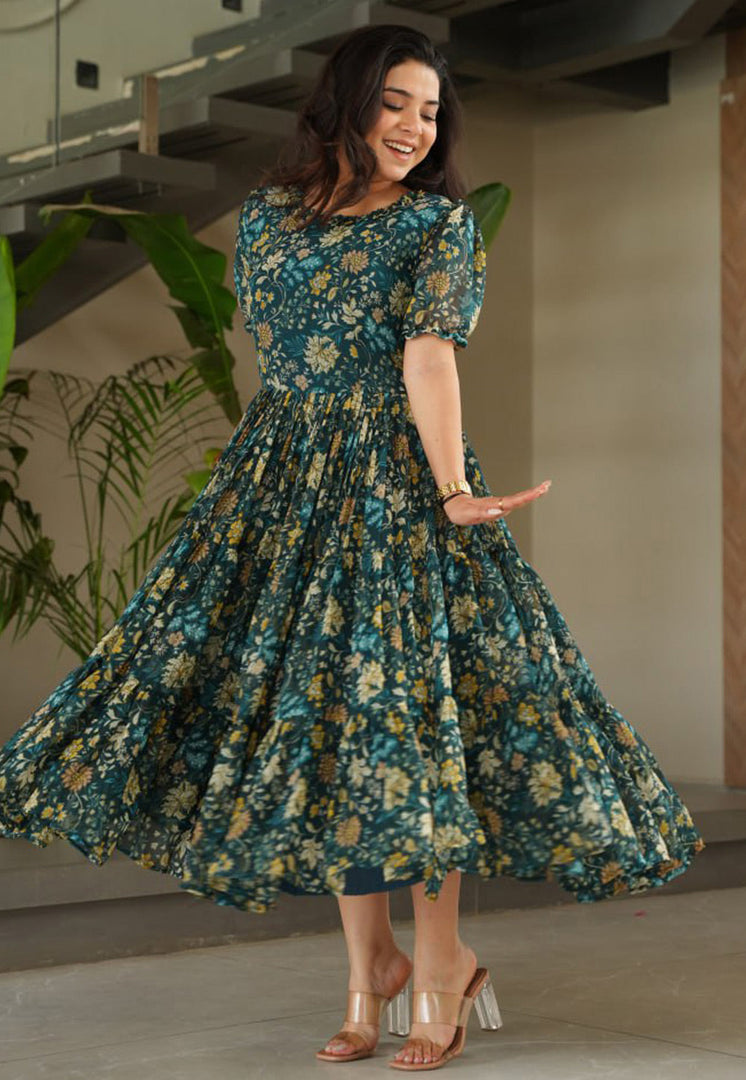 Teal Faux Georgette Printed Gown