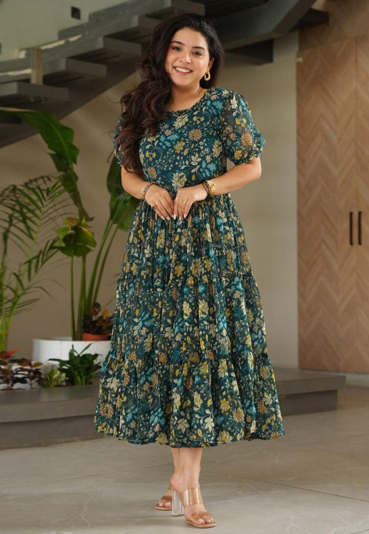 Teal Faux Georgette Printed Gown