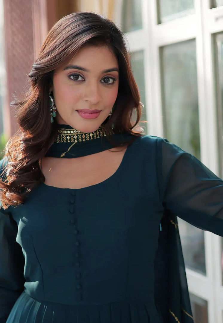 Teal Faux Georgette Readymade Anarkali Suit