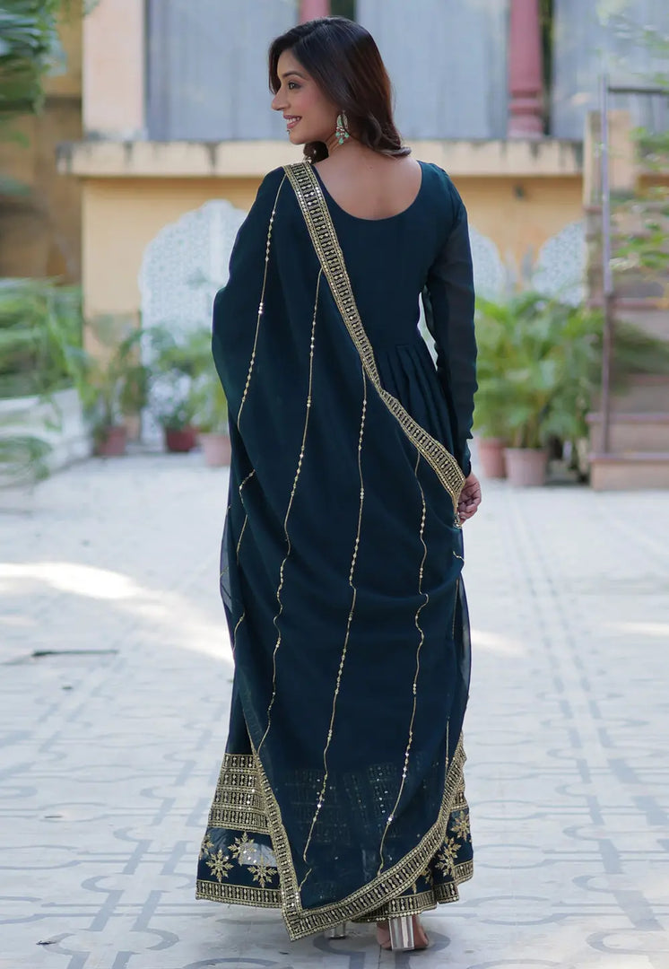 Teal Faux Georgette Readymade Anarkali Suit