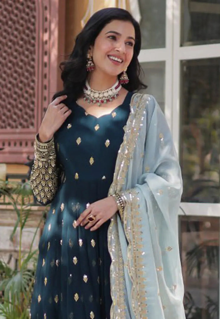 Teal Faux Georgette Readymade Long Anarkali Suit