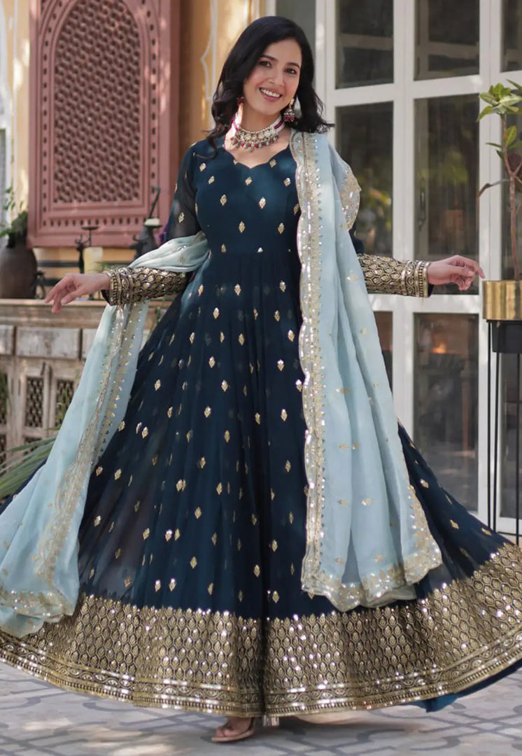 Teal Faux Georgette Readymade Long Anarkali Suit