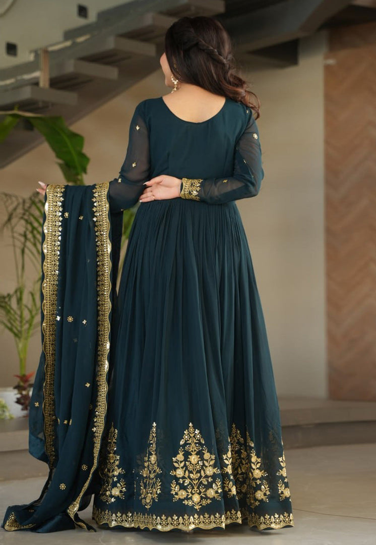Teal Faux Georgette Readymade Long Anarkali Suit