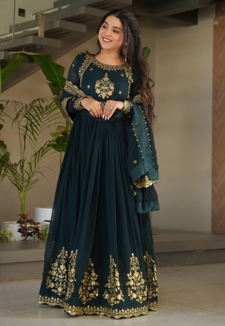 Teal Faux Georgette Readymade Long Anarkali Suit