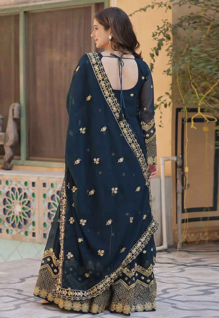 Teal Faux Georgette Readymade Long Anarkali Suit