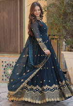Load image into Gallery viewer, Teal Faux Georgette Readymade Long Anarkali Suit
