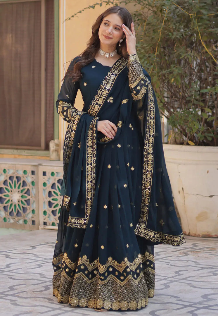 Teal Faux Georgette Readymade Long Anarkali Suit