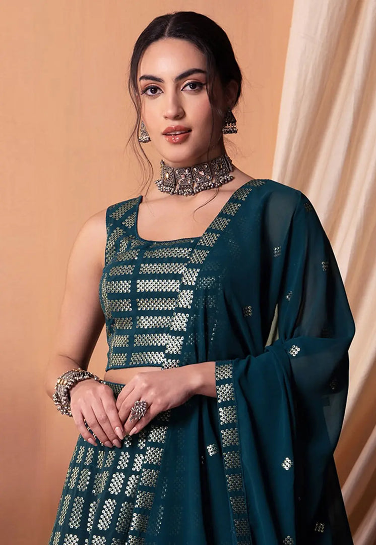 Teal Georgette A Line Lehenga Choli